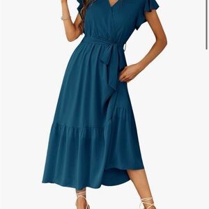 Chic Teal Midi Dress with Ruffle Details